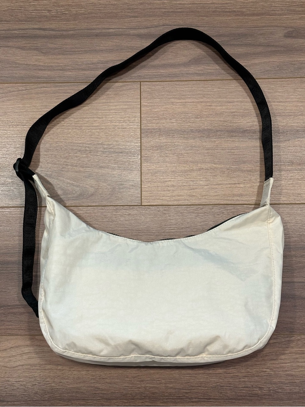 Baggu Medium Nylon Crescent Bag in Ivory White with Black Adjustable Logo Strap